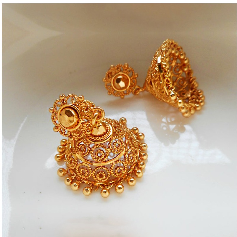 18 kt hallmark yellow gold indian jhumka women's dangle drop earrings - Image 3
