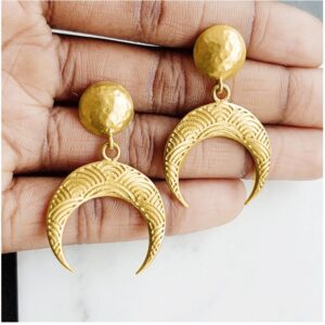 18 kt yellow gold half moon horn dangle drop women's earrings 12 gram
