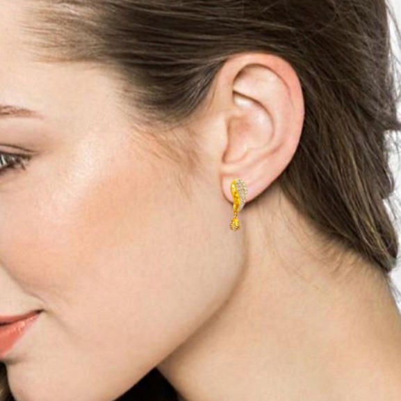 22 kt yellow solid gold cZ huggie hoop handmade women's earrings - Image 4