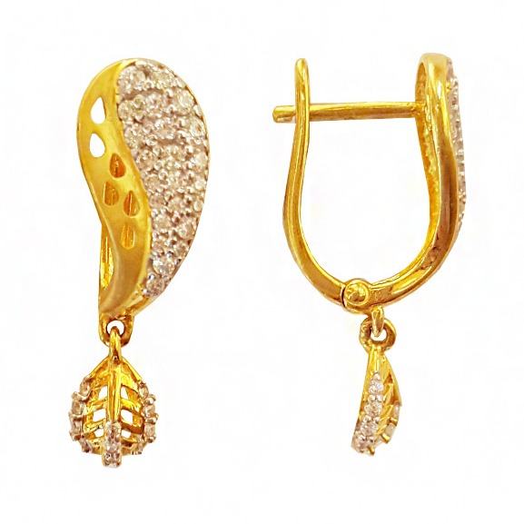 22 kt yellow solid gold cZ huggie hoop handmade women's earrings - Image 3