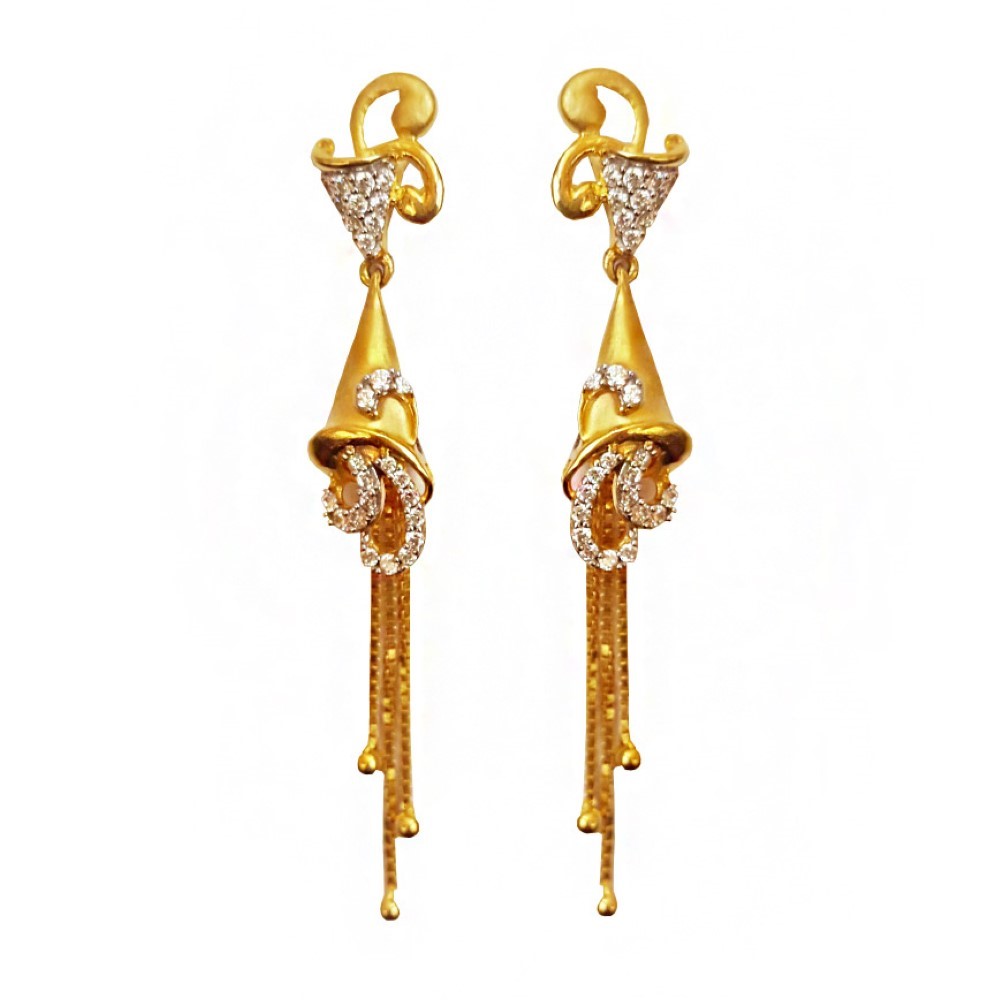 18Kt Solid Yellow Gold Cubic Zircon Party Wear Dangle Drop Earrings Fine Jewelry