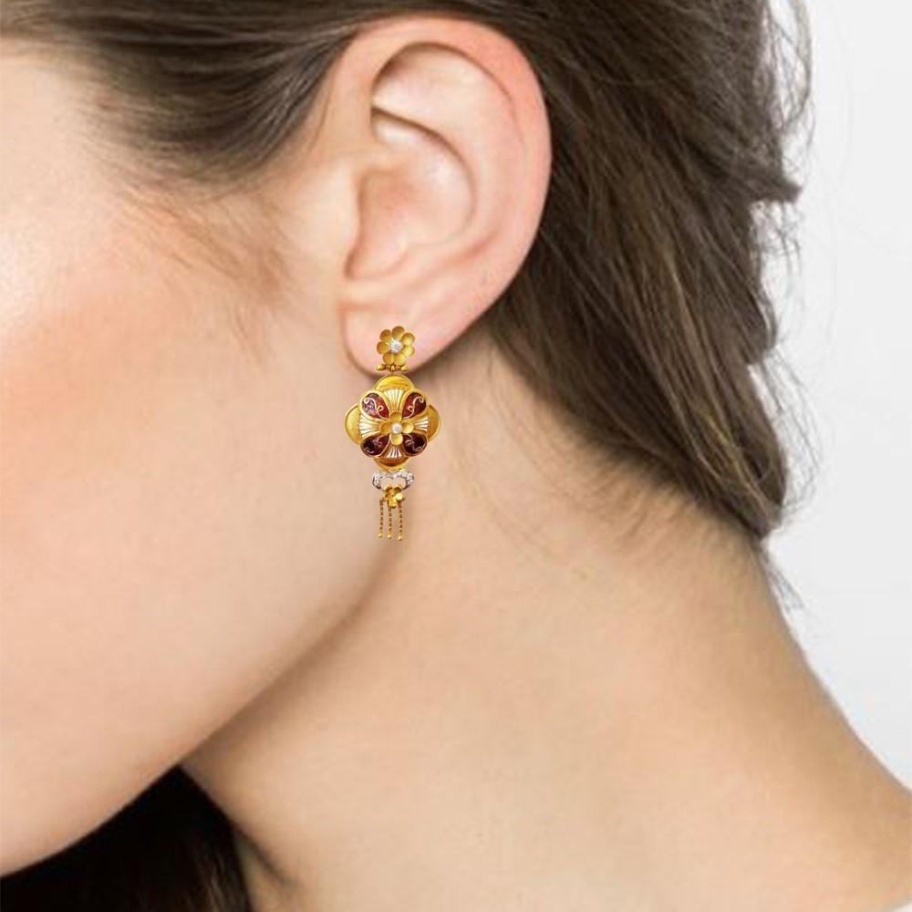 18Kt Solid Yellow Gold Cubic Zirconia Wedding Wear Antique Dangle Drop Earring - Image 3