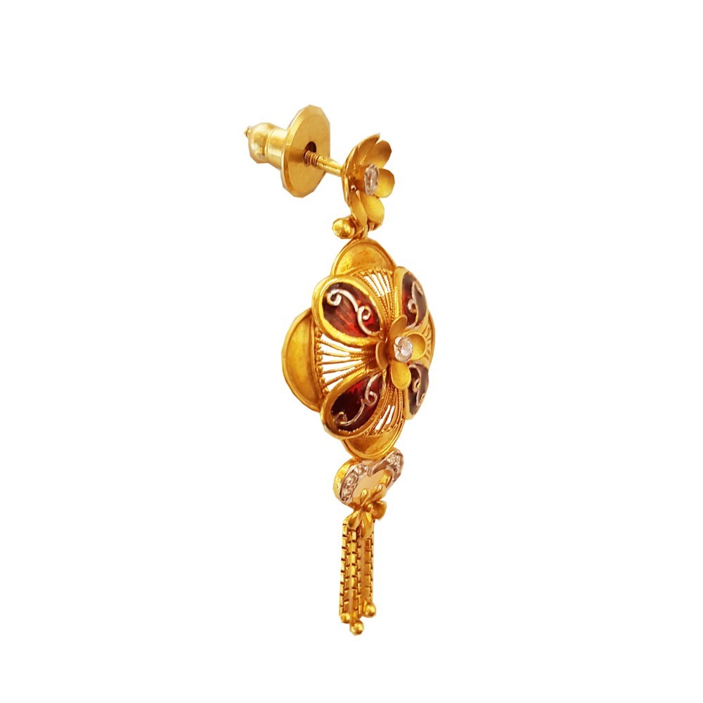 18Kt Solid Yellow Gold Cubic Zirconia Wedding Wear Antique Dangle Drop Earring - Image 2