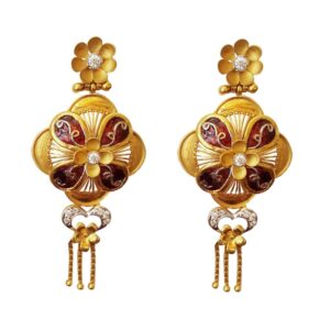18Kt Solid Yellow Gold Cubic Zirconia Wedding Wear Antique Dangle Drop Earring