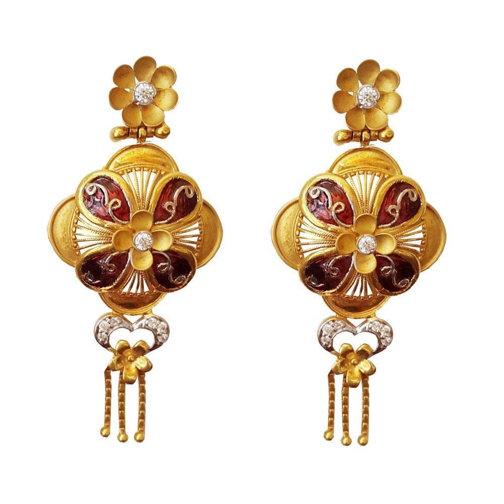 18Kt Solid Yellow Gold Cubic Zirconia Wedding Wear Antique Dangle Drop Earring