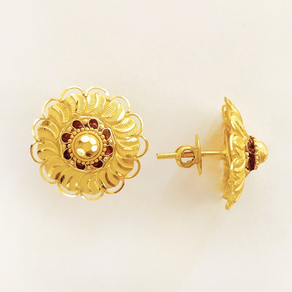 18 Kt Stamped Real Solid Yellow Gold Stud Earring Round Floral Screw Back 5 Gms - Image 3