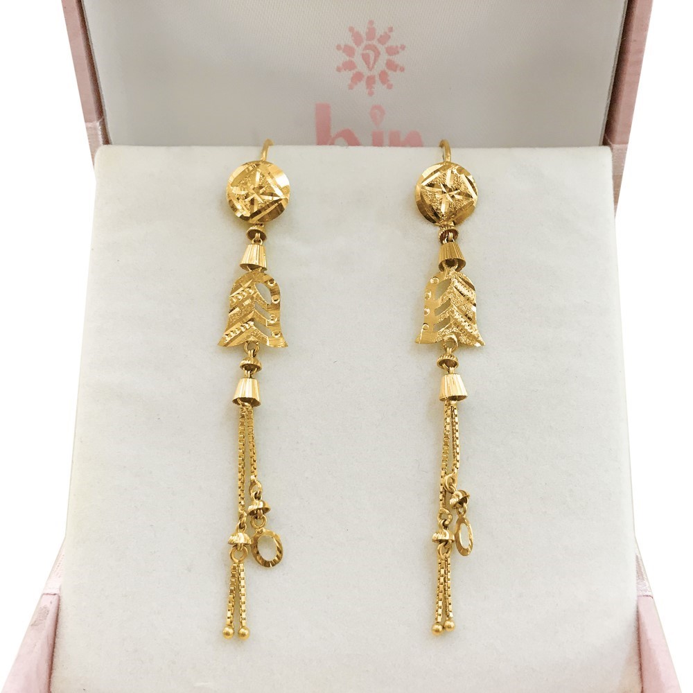 18 Kt Stamped Real Solid Yellow Gold Dainty Hook Long Dangle Drop Earrings 3.76g - Image 5