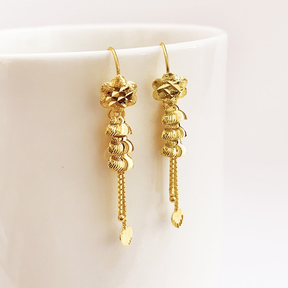 18 Kt Stamped Real Solid Yellow Gold Dainty Indian Dangle Drop Earrings 2.26g - Image 2