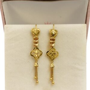 18 Kt Stamped Real Solid Yellow Gold Heart Hook Long Dangle Drop Earrings 3.21g