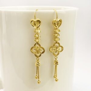 18 Kt Stamped Real Solid Yellow Gold Heart Hook Long Dangle Drop Earrings 3.21g