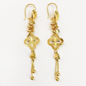 18 Kt Stamped Real Solid Yellow Gold Heart Hook Long Dangle Drop Earrings 3.21g