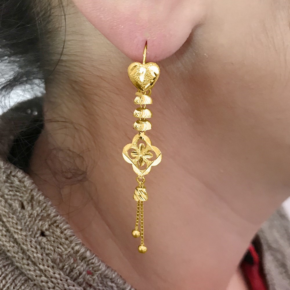18 Kt Stamped Real Solid Yellow Gold Heart Hook Long Dangle Drop Earrings 3.21g