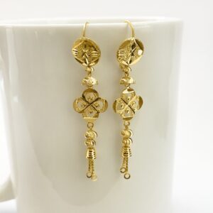 18 Kt Stamped Real Solid Yellow Gold Floral Hook Long Dangle Drop Earrings 3.10g