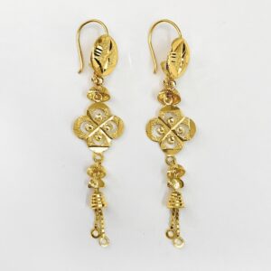 18 Kt Stamped Real Solid Yellow Gold Floral Hook Long Dangle Drop Earrings 3.10g
