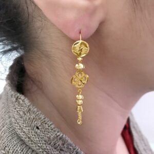 18 Kt Stamped Real Solid Yellow Gold Floral Hook Long Dangle Drop Earrings 3.10g