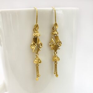 18 Kt Stamped Real Solid Yellow Gold Ethnic Hook Long Dangle Drop Earrings 3.16g