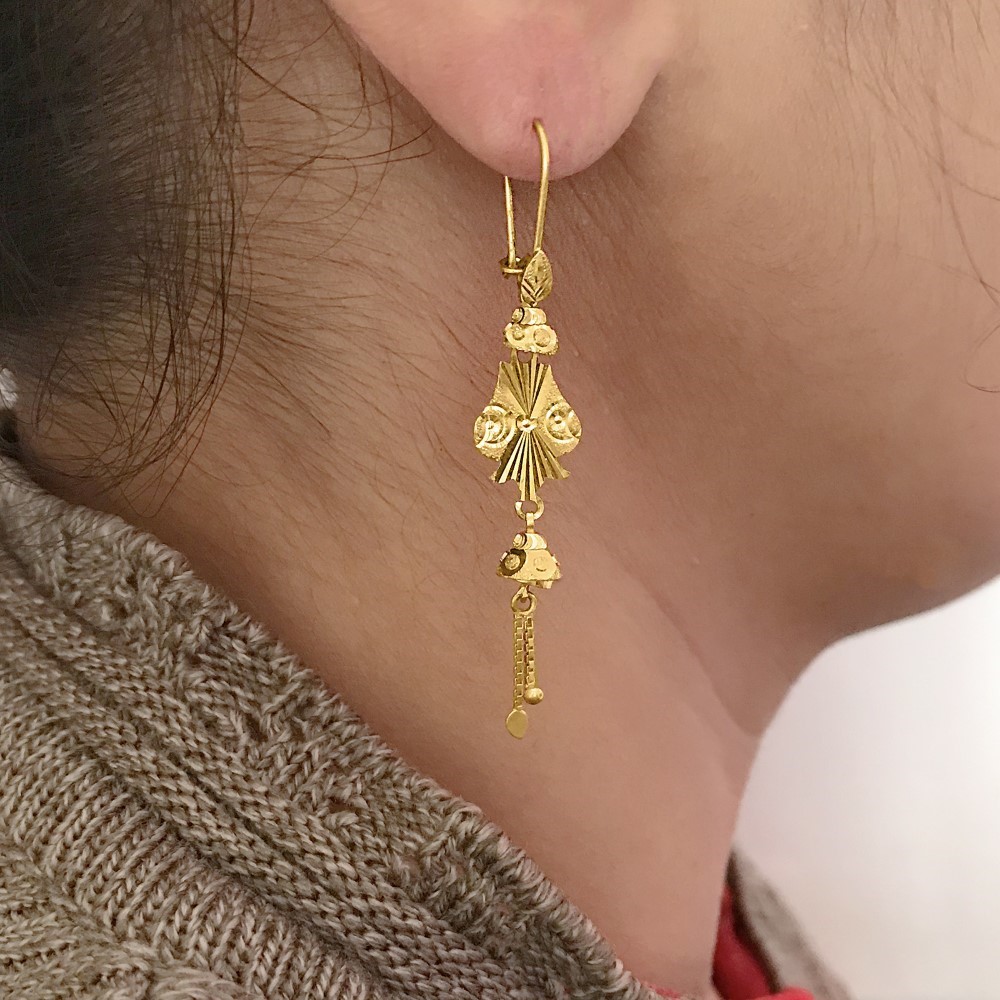 18 Kt Stamped Real Solid Yellow Gold Ethnic Hook Long Dangle Drop Earrings 3.16g