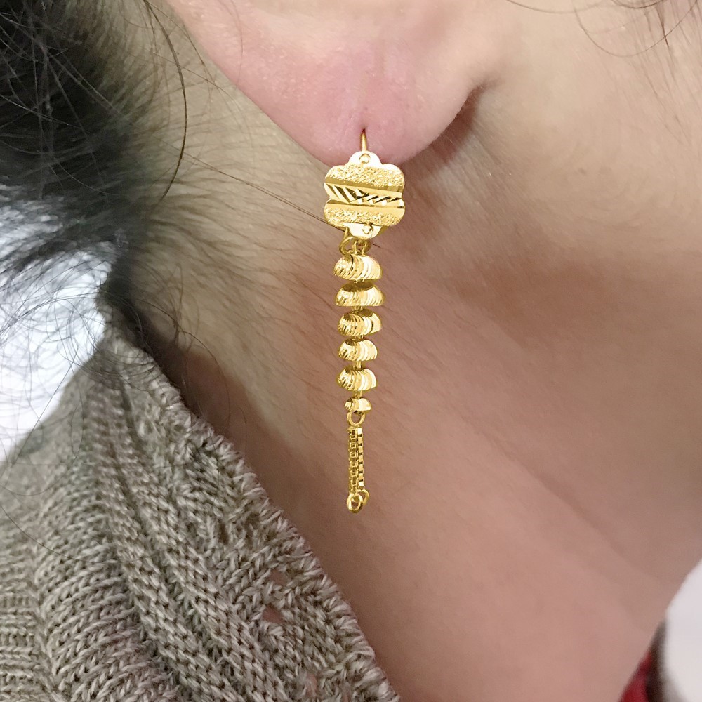 18 Kt Stamped Real Solid Yellow Gold Floral Hook Long Dangle Drop Earrings 2.53g