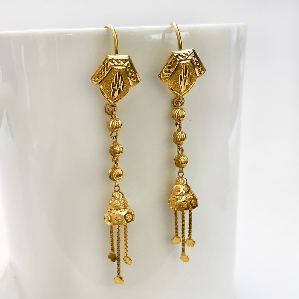 18 Kt Stamped Real Solid Yellow Gold Ethnic Hook Long Dangle Drop Earrings 4.43g - Image 4