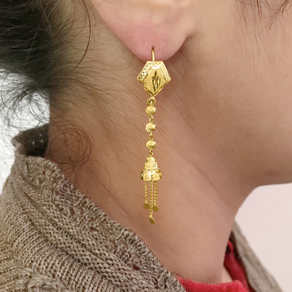 18 Kt Stamped Real Solid Yellow Gold Ethnic Hook Long Dangle Drop Earrings 4.43g
