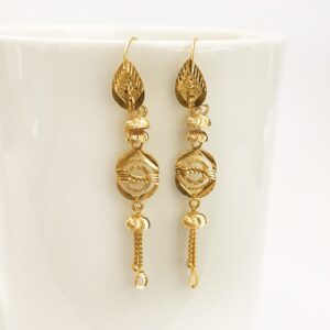 18 Kt Stamped Real Solid Yellow Gold Ethnic Hook Long Dangle Drop Earrings 2.56g