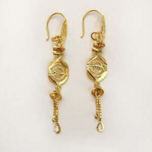 18 Kt Stamped Real Solid Yellow Gold Ethnic Hook Long Dangle Drop Earrings 2.56g