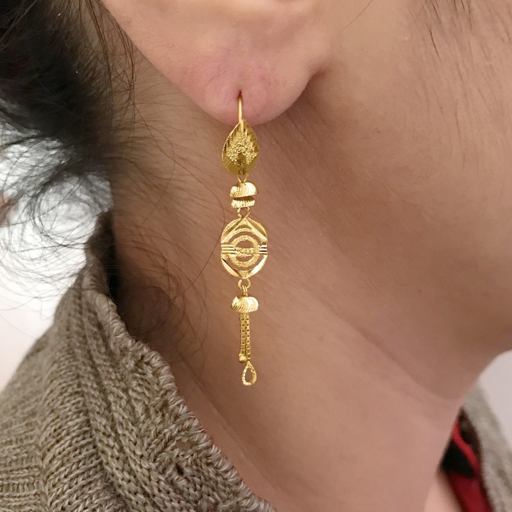 18 Kt Stamped Real Solid Yellow Gold Ethnic Hook Long Dangle Drop Earrings 2.56g