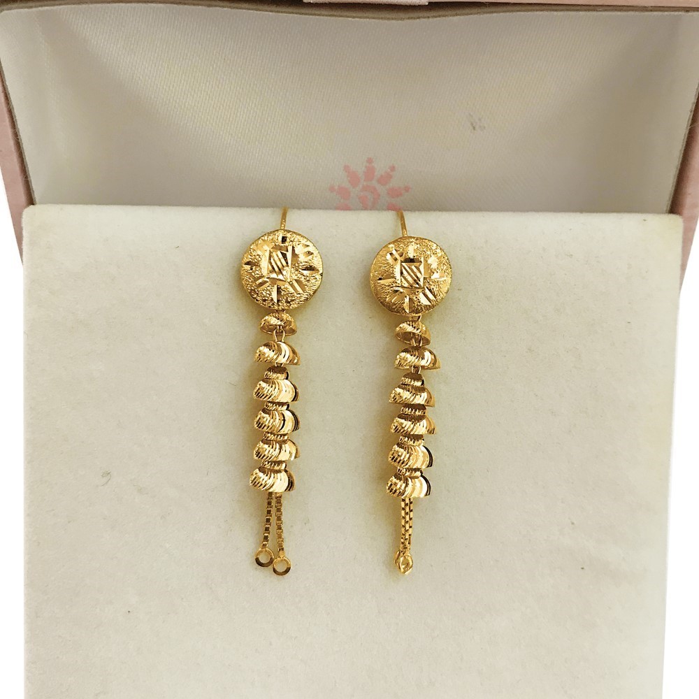 18 Kt Stamped Real Solid Yellow Gold Ethnic Hook Long Dangle Drop Earrings 3.09g - Image 4