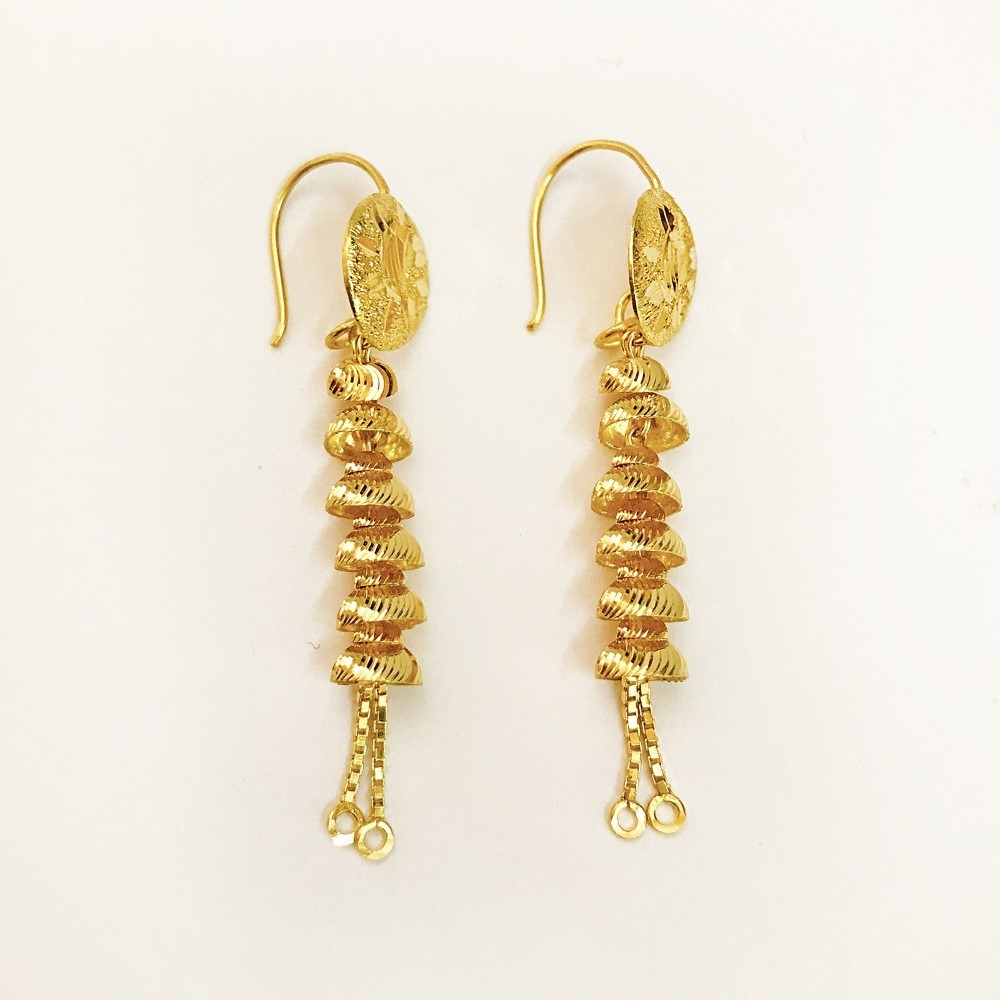 18 Kt Stamped Real Solid Yellow Gold Ethnic Hook Long Dangle Drop Earrings 3.09g