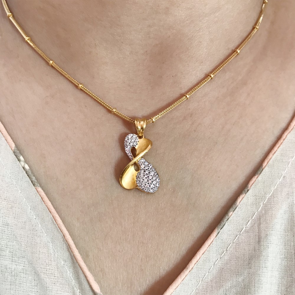 22 Kt Real Solid Yellow Gold Necklace Charm Women's Pendant White Cubic Zirconia