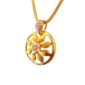 New 22 Kt Real Yellow Gold Round Charm Necklace Pendant White Cubic Zirconia CZ