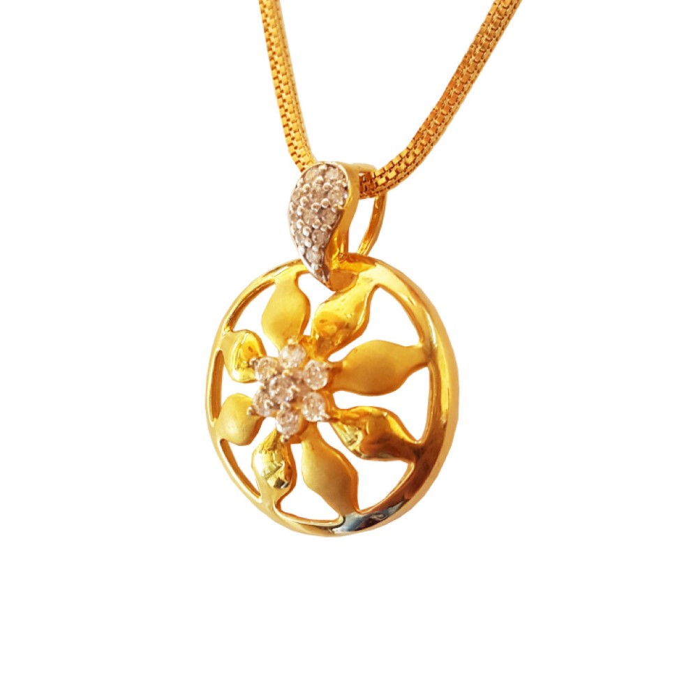 New 22 Kt Real Yellow Gold Round Charm Necklace Pendant White Cubic Zirconia CZ