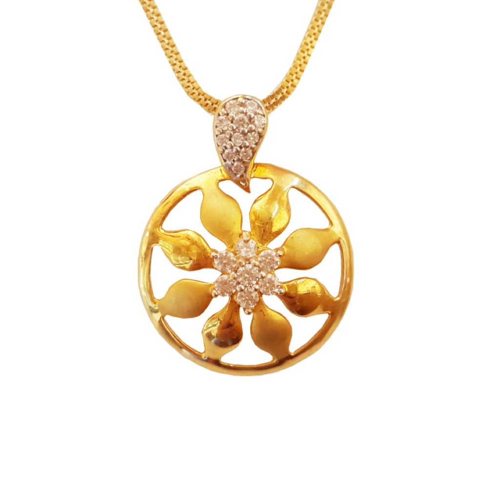 New 22 Kt Real Yellow Gold Round Charm Necklace Pendant White Cubic Zirconia CZ