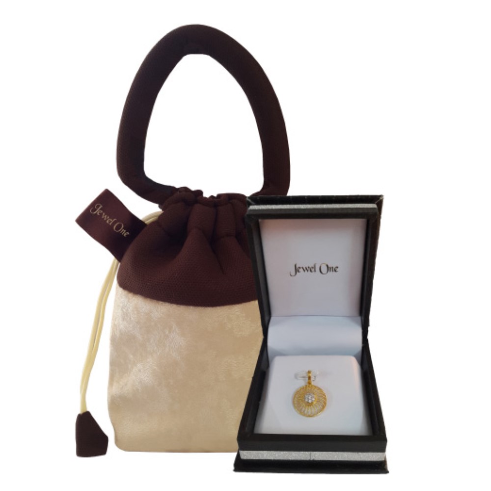 Solid 18 Kt Yellow Gold White Cubic Zirconia CZ Necklace Charm Round Pendant