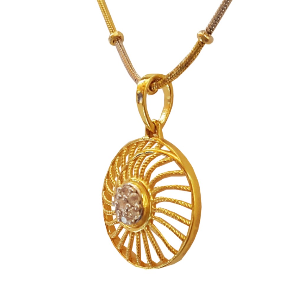 Solid 18 Kt Yellow Gold White Cubic Zirconia CZ Necklace Charm Round Pendant