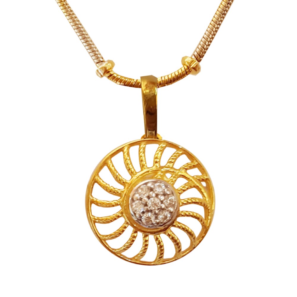 Solid 18 Kt Yellow Gold White Cubic Zirconia CZ Necklace Charm Round Pendant