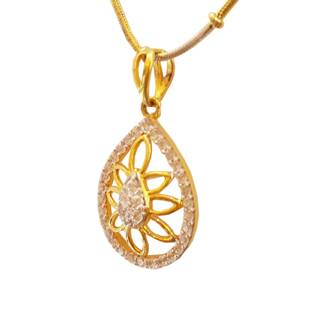 22Kt Solid Yellow Gold White Cubic Zirconia CZ Pear Necklace Women's Pendant