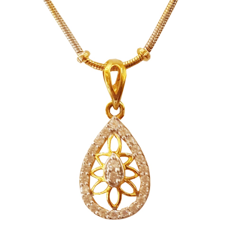 22Kt Solid Yellow Gold White Cubic Zirconia CZ Pear Necklace Women's Pendant