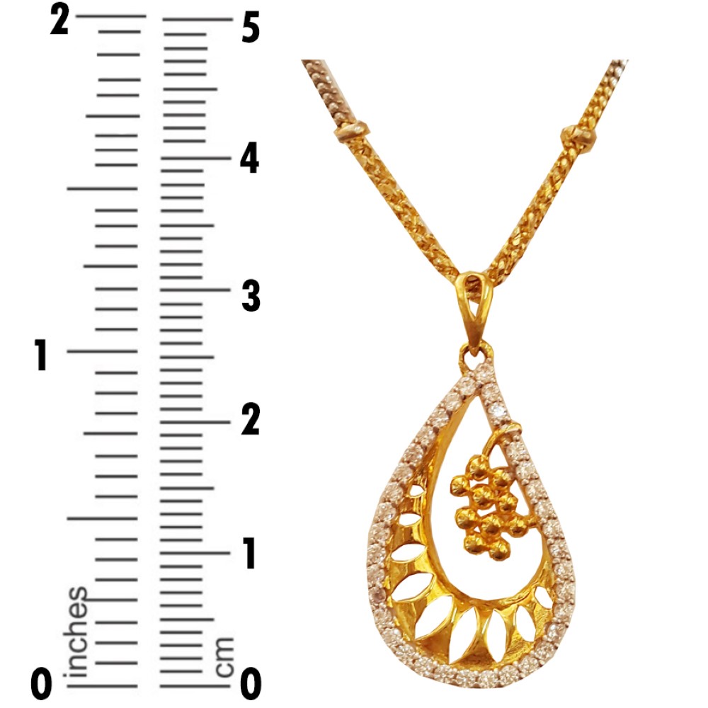 22 Kt Yellow Gold White Cubic Zirconia CZ Pear Charm Necklace Women Pendant