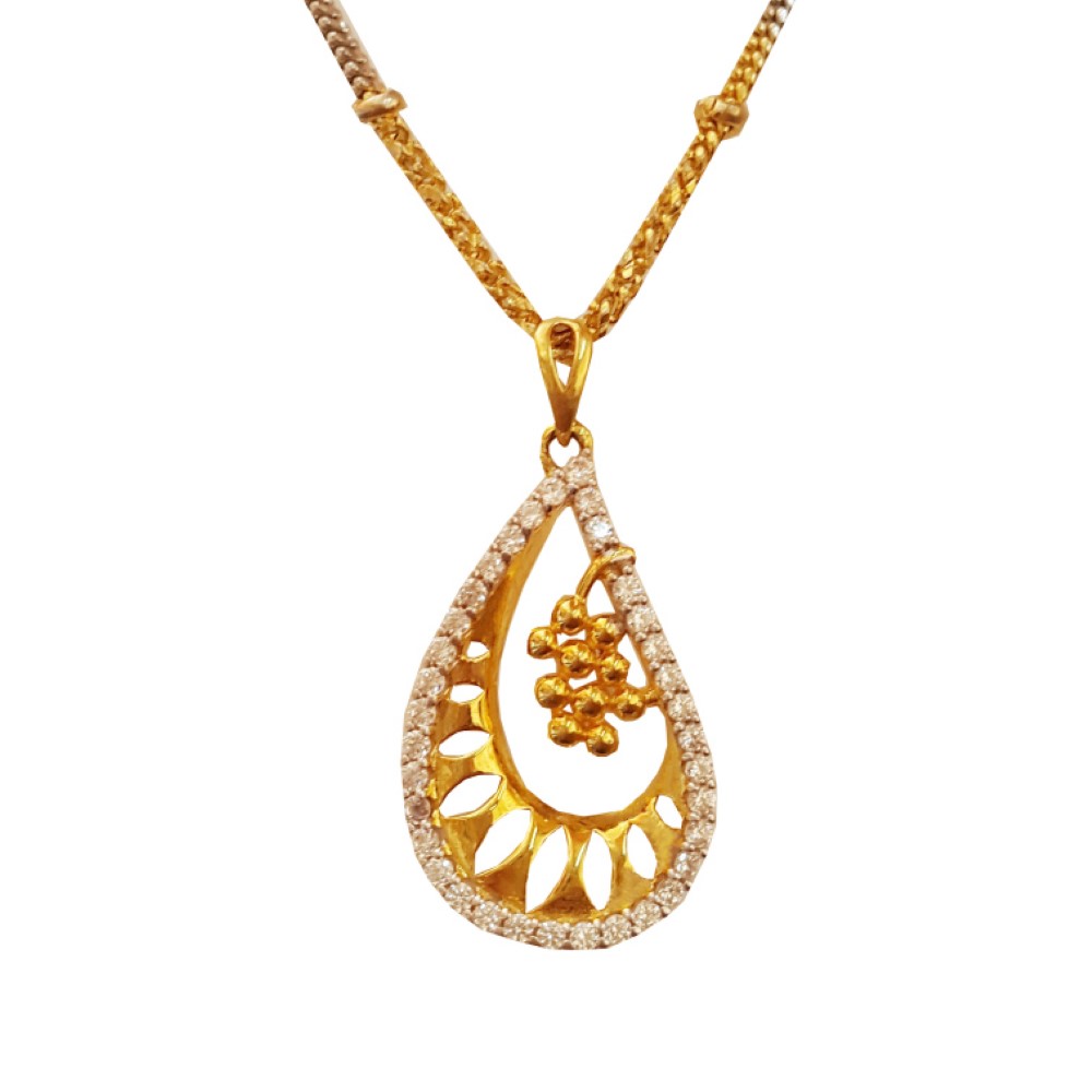 22 Kt Yellow Gold White Cubic Zirconia CZ Pear Charm Necklace Women Pendant