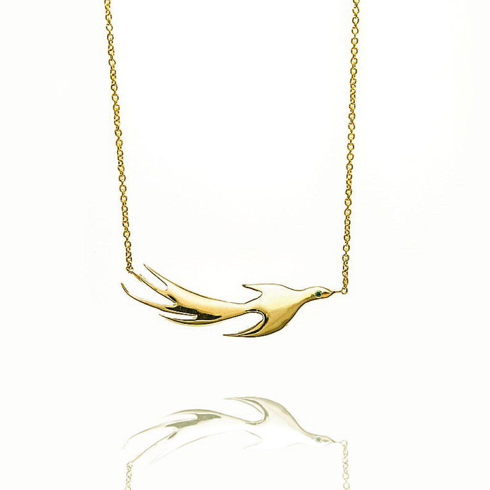 18 Kt Solid Yellow Gold Phoenix Necklace Flying Flame Bird Women'S Chain Pendant