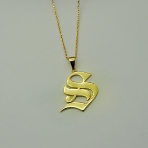 18 K Real Solid Yellow Gold English Gothic Initial Letter Chain Necklace Pendant