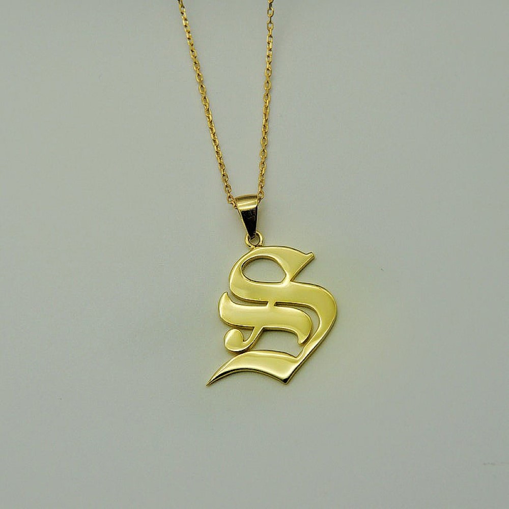 18 K Real Solid Yellow Gold English Gothic Initial Letter Chain Necklace Pendant