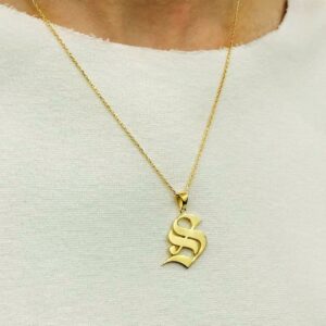 18 K Real Solid Yellow Gold English Gothic Initial Letter Chain Necklace Pendant