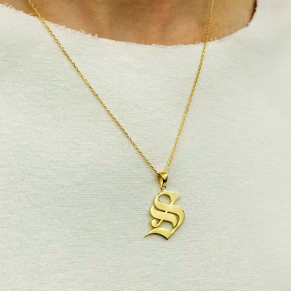 18 K Real Solid Yellow Gold English Gothic Initial Letter Chain Necklace Pendant