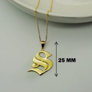 18 K Real Solid Yellow Gold English Gothic Initial Letter Chain Necklace Pendant