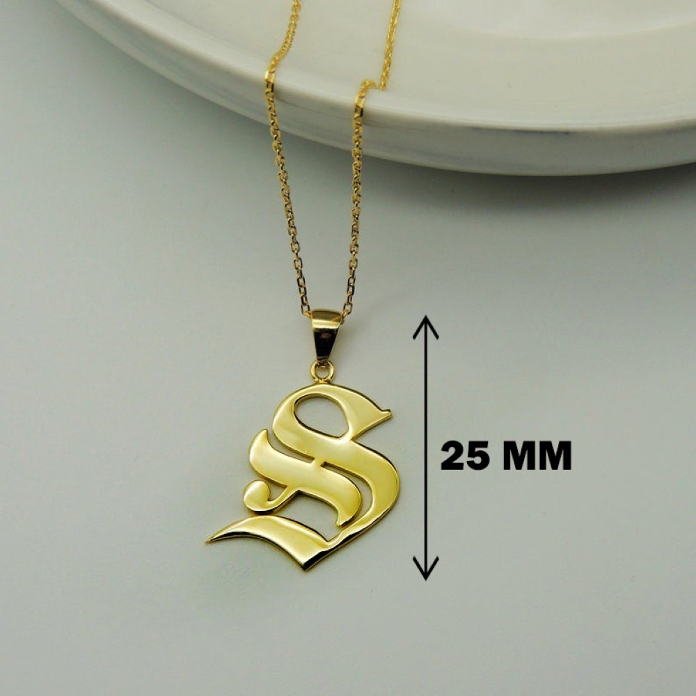 18 K Real Solid Yellow Gold English Gothic Initial Letter Chain Necklace Pendant