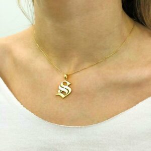 18 K Real Solid Yellow Gold English Gothic Initial Letter Chain Necklace Pendant