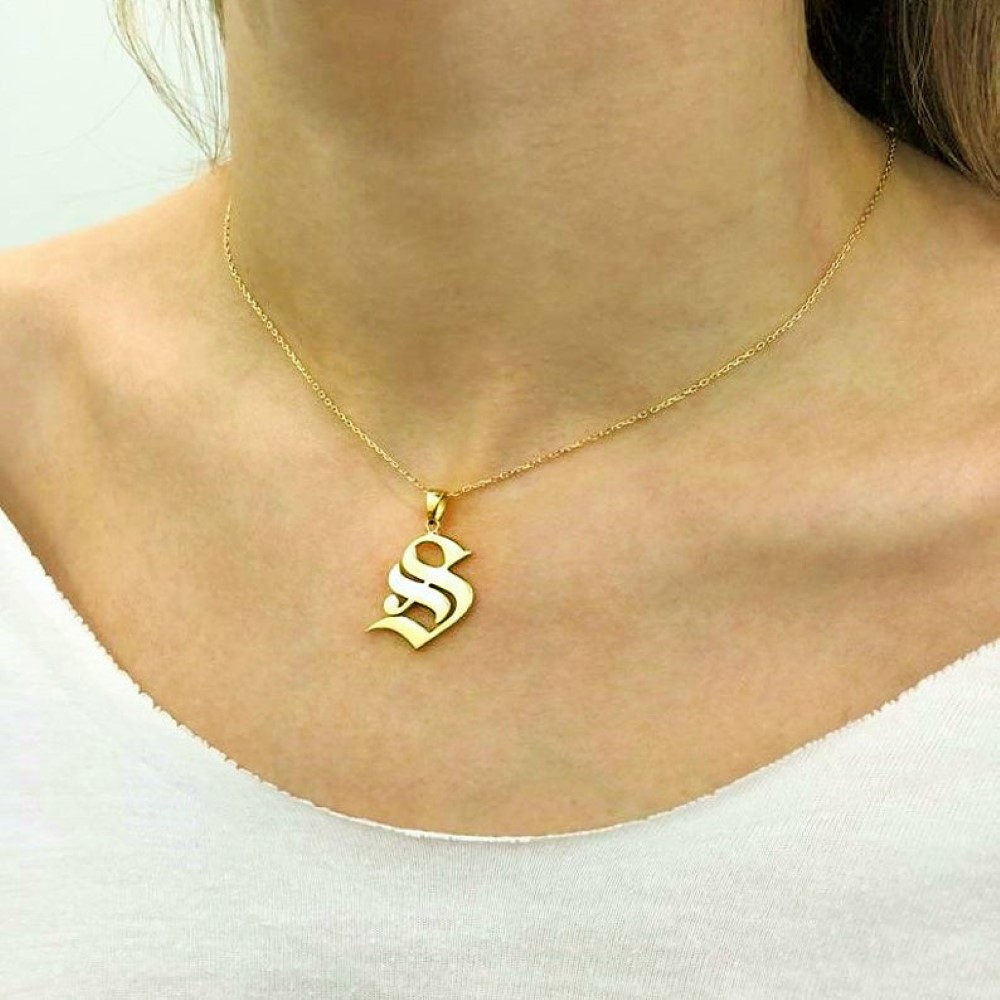 18 K Real Solid Yellow Gold English Gothic Initial Letter Chain Necklace Pendant