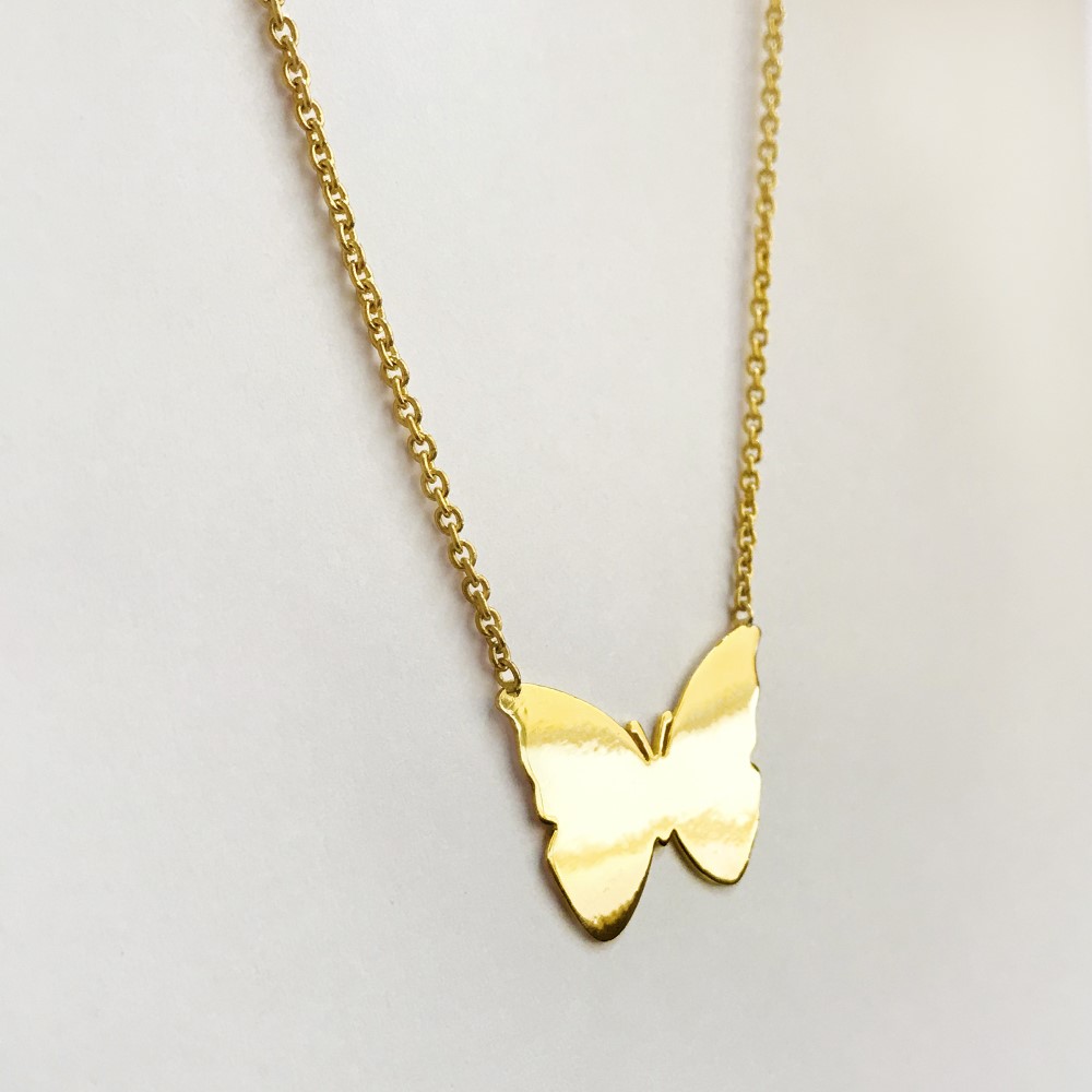 Fine Jewelry 18 Kt Real Solid Yellow Gold Small Butterfly Chain Necklace Pendant